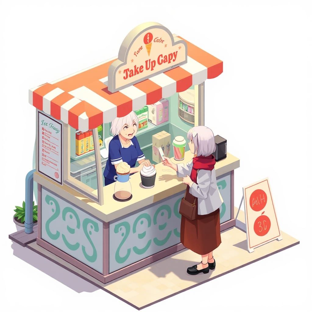 Isometric Anime Ice Cream Stand in 32-bit