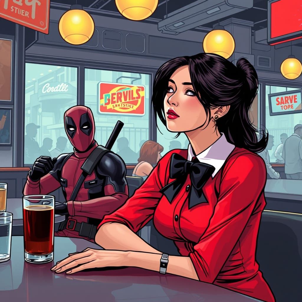 Korean Woman and Deadpool in Comic Book Style