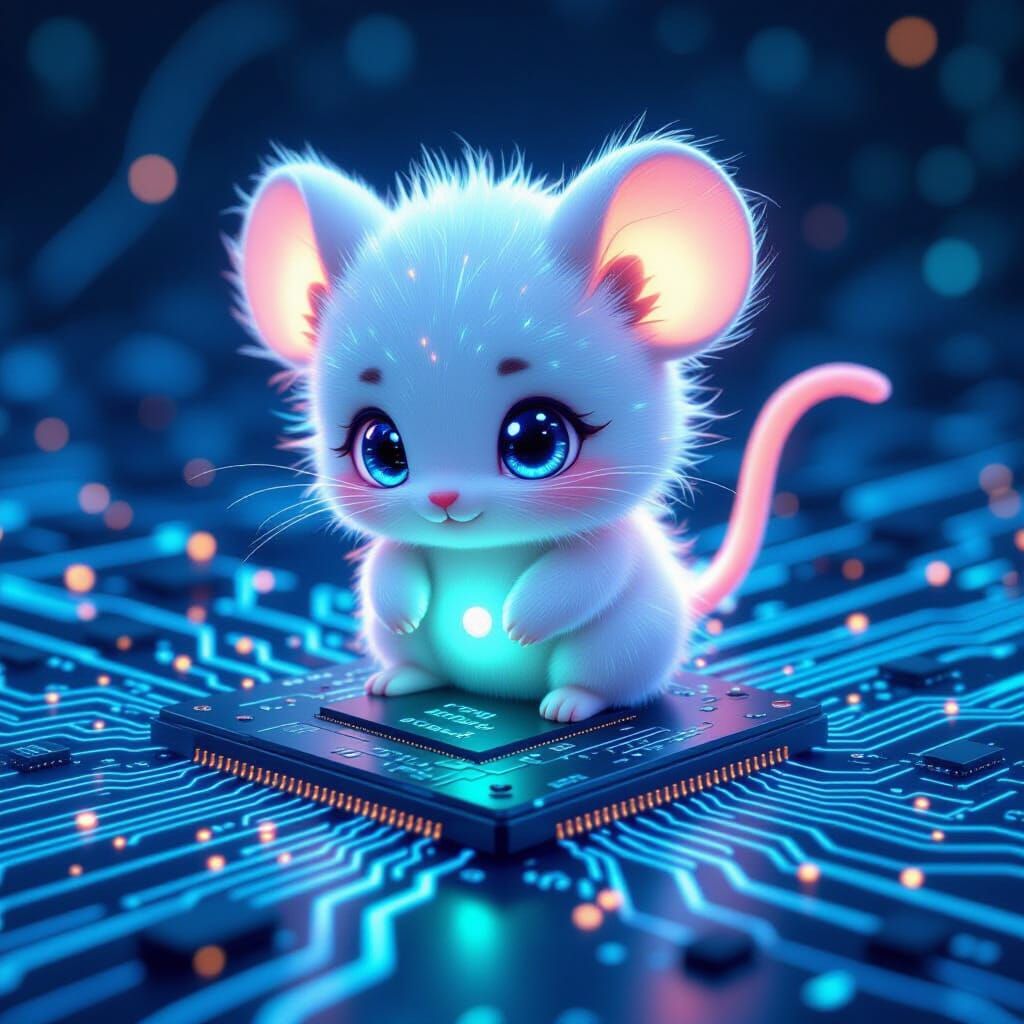 Cute Chibi Mouse on Glowing Circuit Board