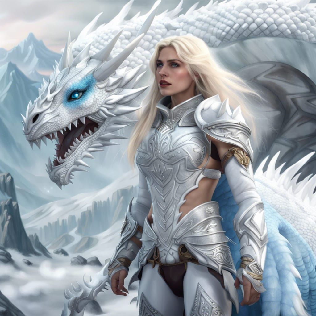 Woman and White Dragon in Snowy Landscape
