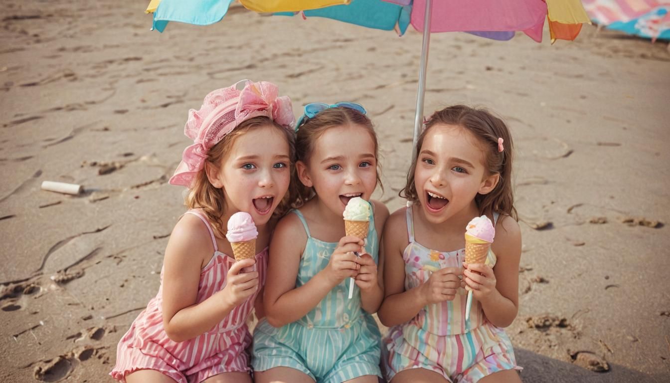 Pixar Style: Girls Enjoying Ice Cream on Beach