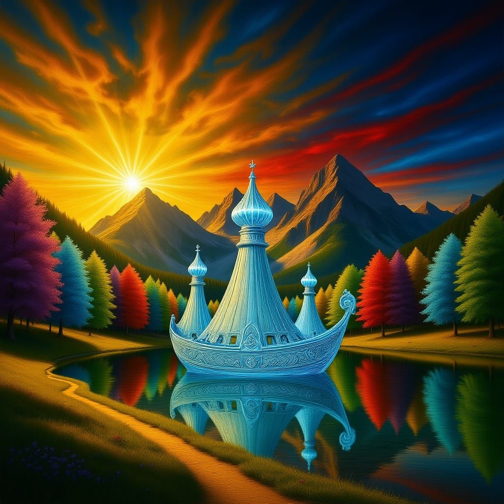 Crystal Ship Bas-Relief Oil Painting in Baroque Style