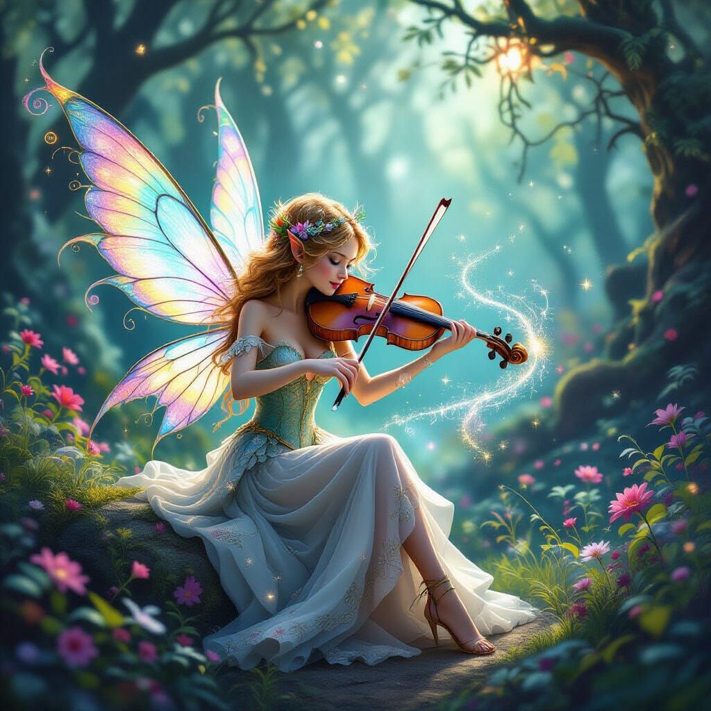 Enchanted Fairy Violinist in Vibrant Forest