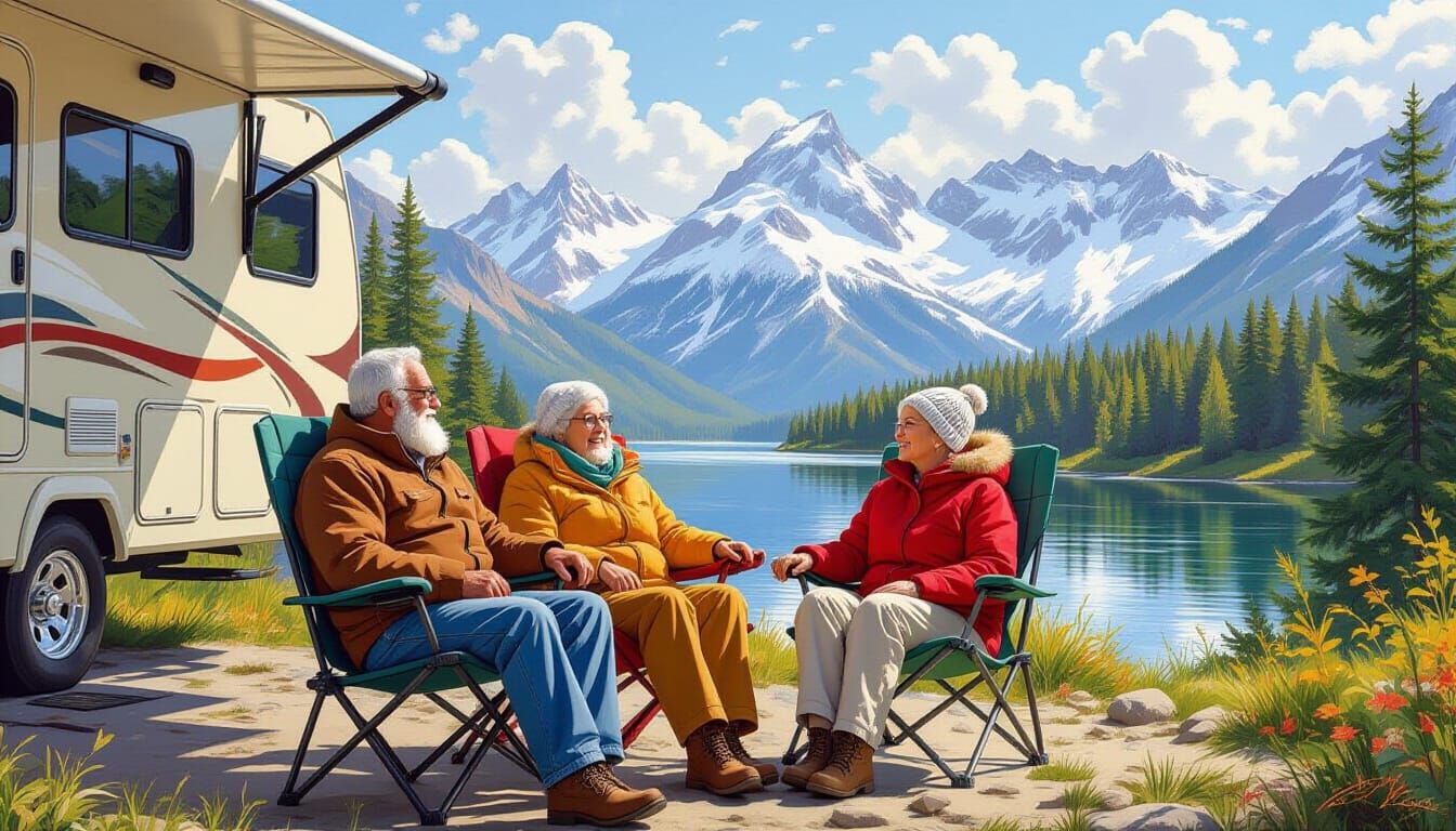 Cozy Campground Scene with Snow-Capped Mountains