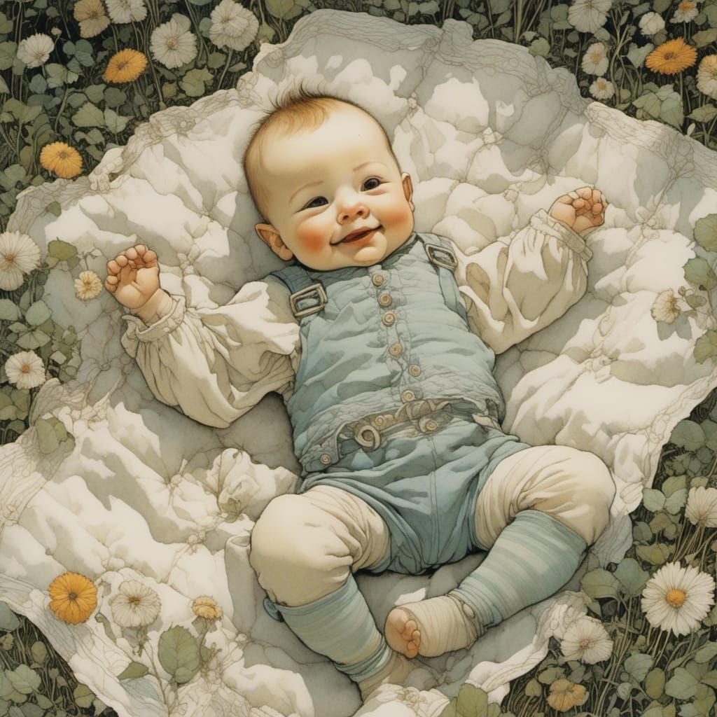 Smiling Baby in Garden, Expressive Illustration