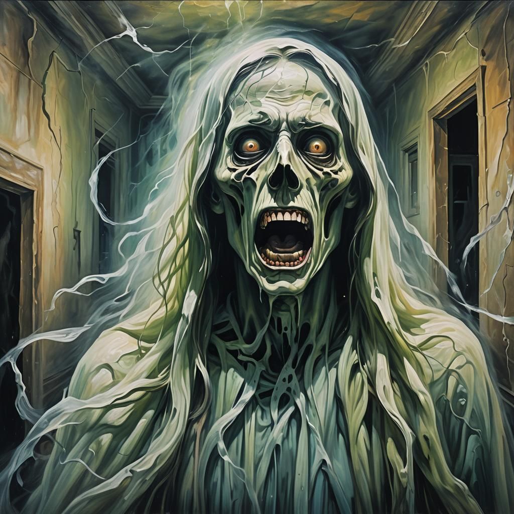 Ghost Screams in Abandoned Asylum as Oil Painting