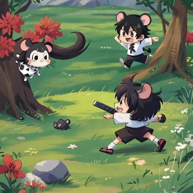 Anime-style Little ninjas mouse and cow in battle adorable shaggy cartoony, conceptual art