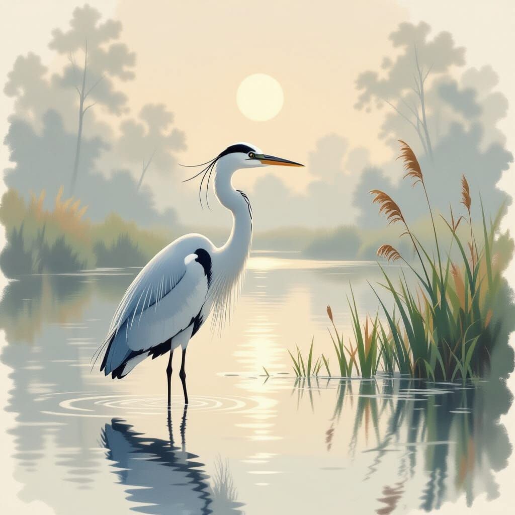 Graceful Heron by Water in Soft Pastel Chalk Style