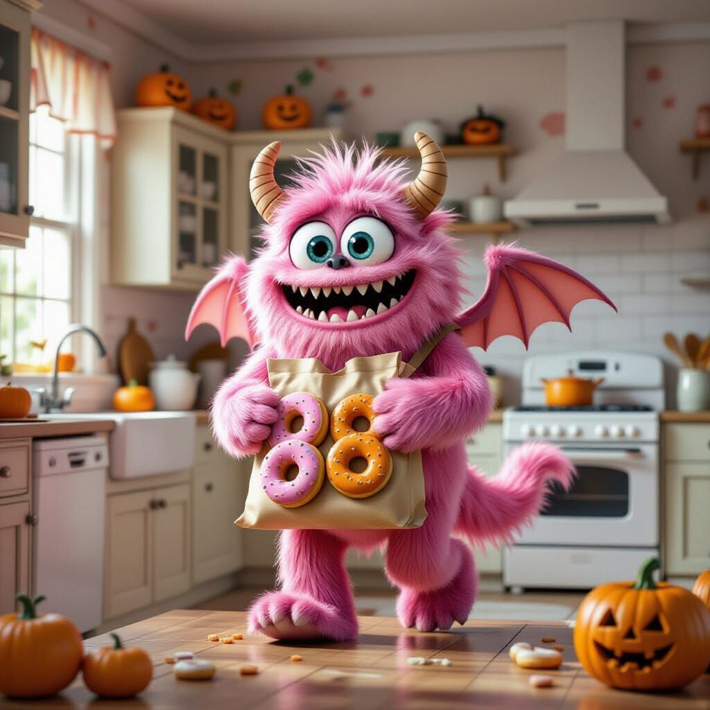Cute Monster Brings Doughnuts To Halloween Kitchen