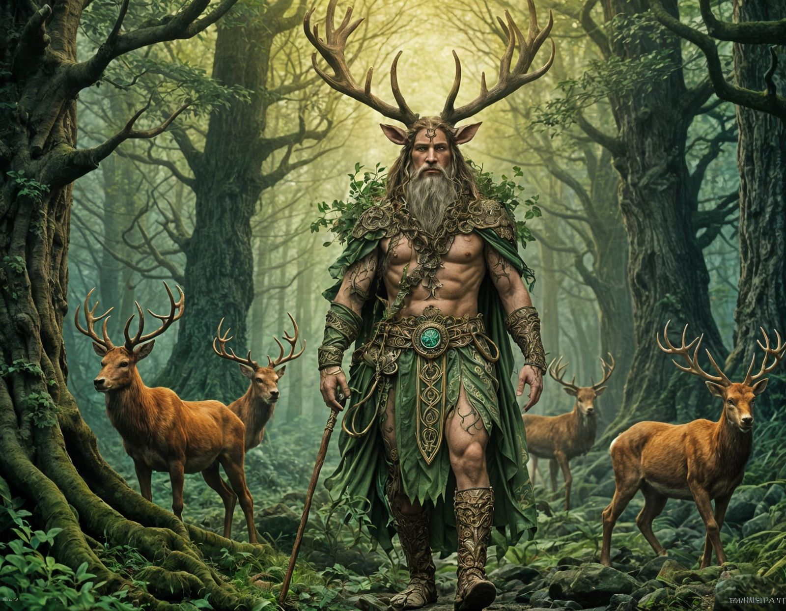 Celtic God Cernunnos in Forest, Moebius-Style Photograph