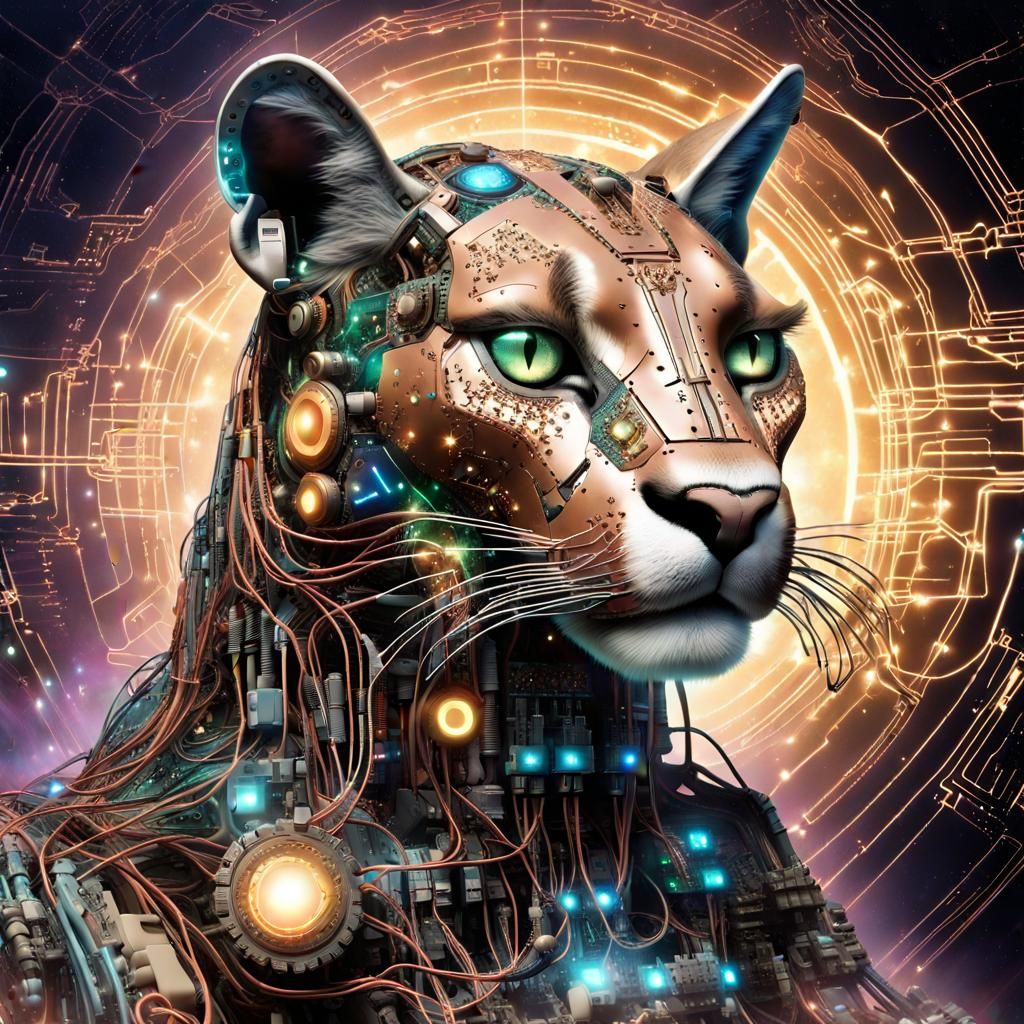 Cybernetic Puma with Synthesizer Body and Nebula