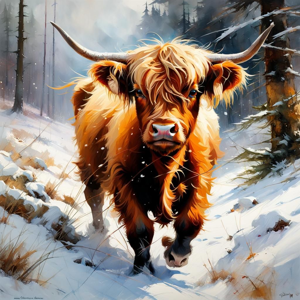 Highland Calf in Snowy Pine Forest Painting