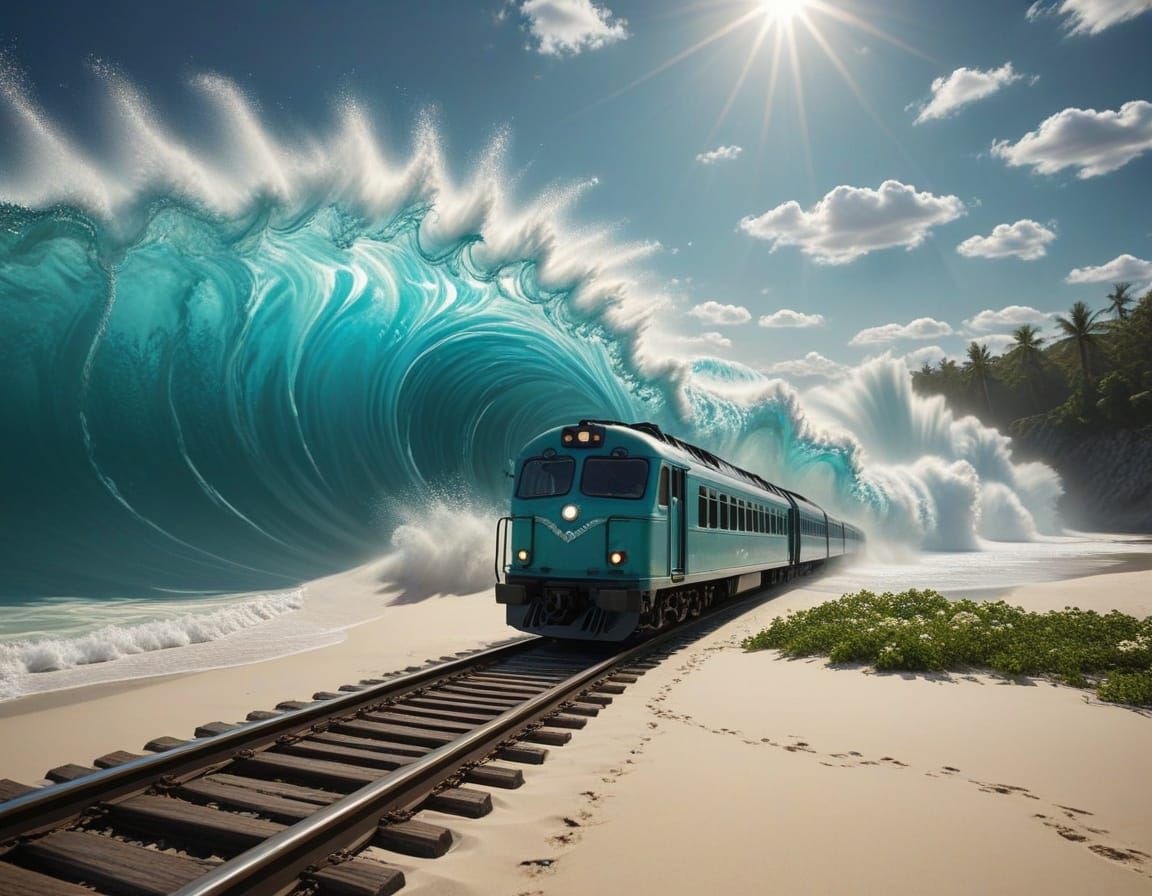 Turquoise Train on Stormy Beachside Rails