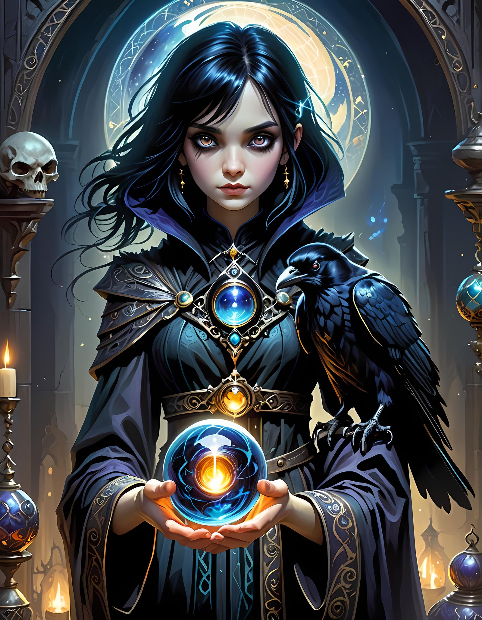 Raven-Haired Mage with Magic Orb in Gothic Style