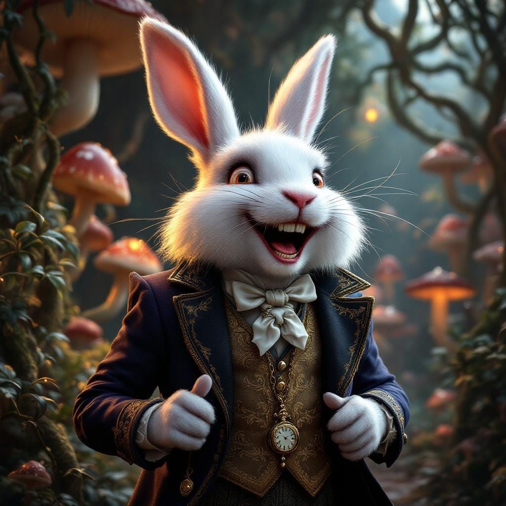 White Rabbit's Joyful Laughter in Dreamlike Forest