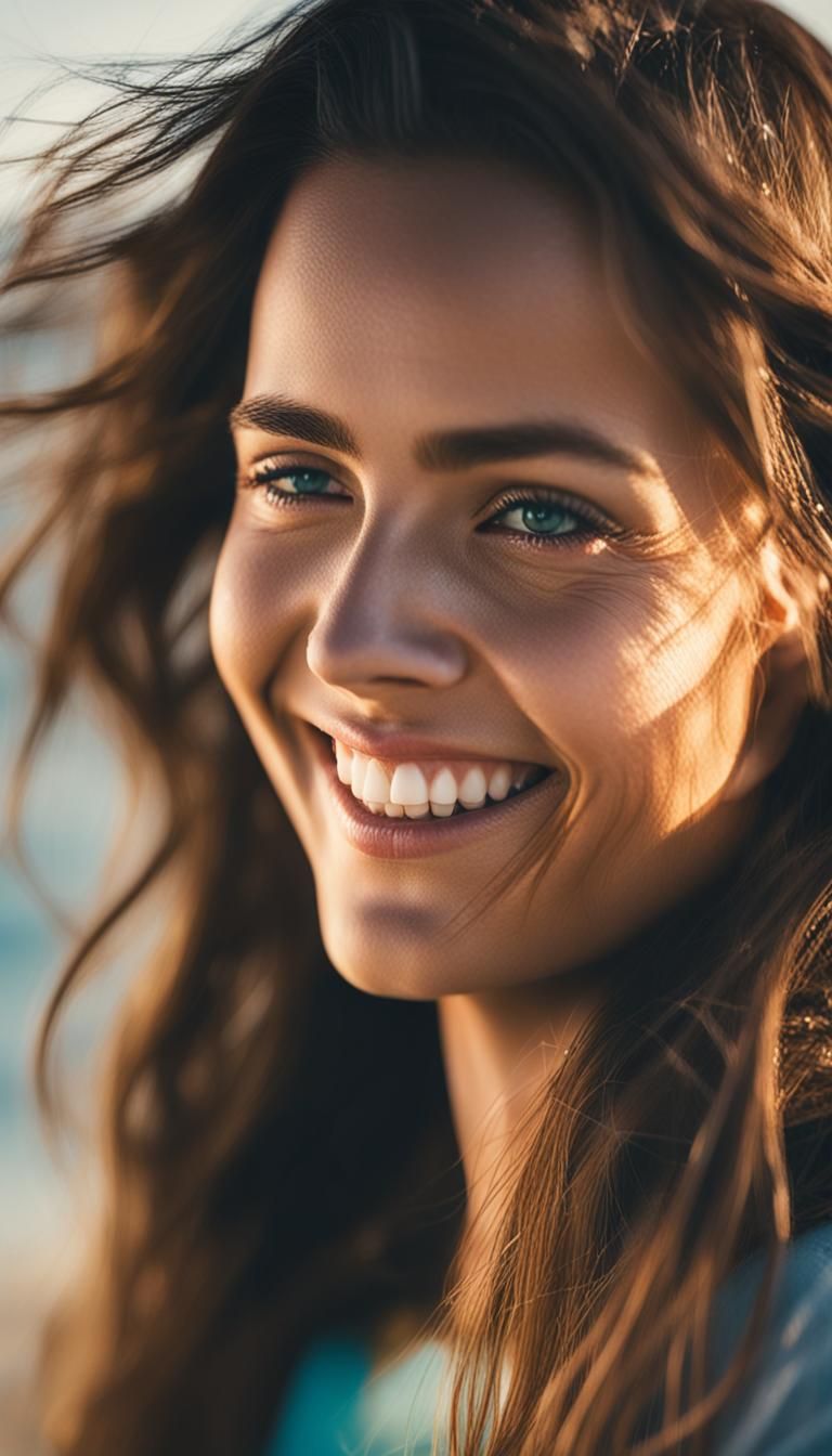 Realistic Image of a Smiling Brunette Woman by the Sea