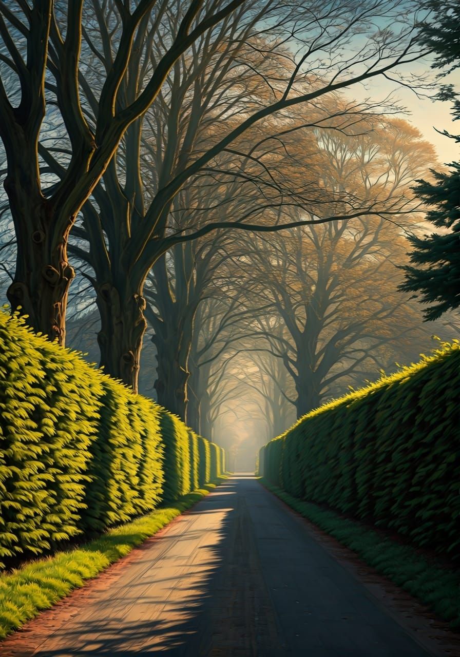 Misty Road Through Ancient Trees in Tonalist Style