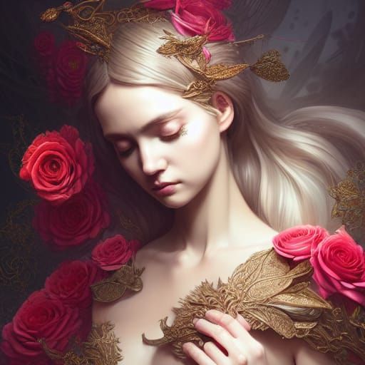 Mythological Woman in Rose Birdcage: Digital Illustration