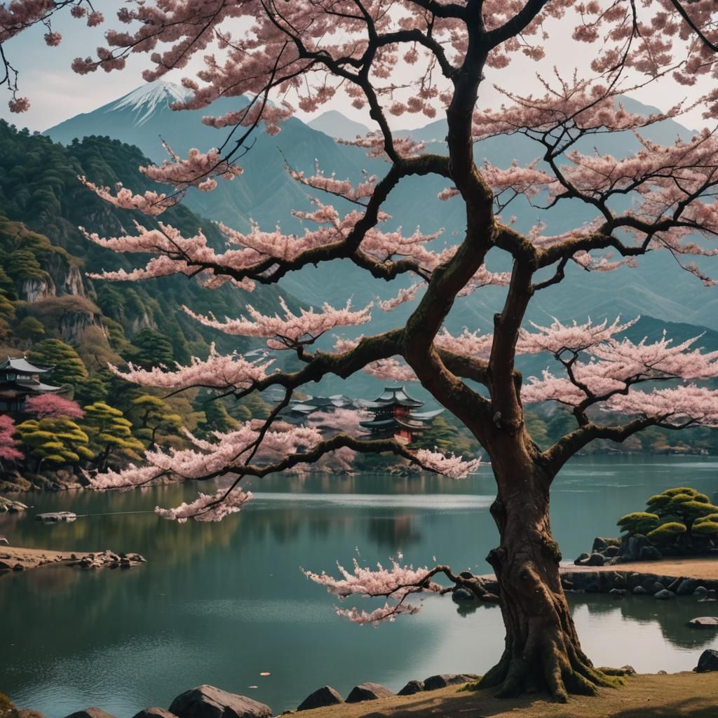 Ancient Sakura Tree by Lake: Cinematic Japanese Landscape