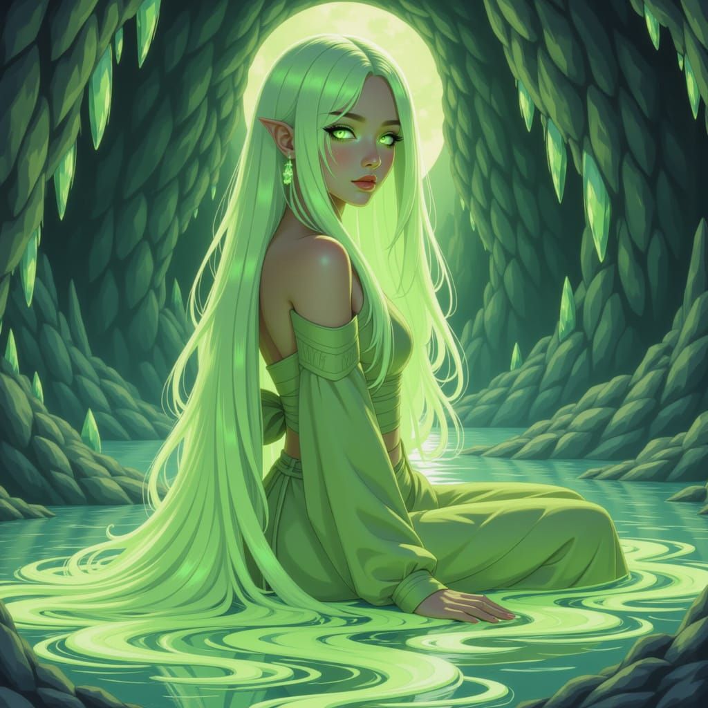 Ethereal Korean Woman in Cave with Crevasses Pattern