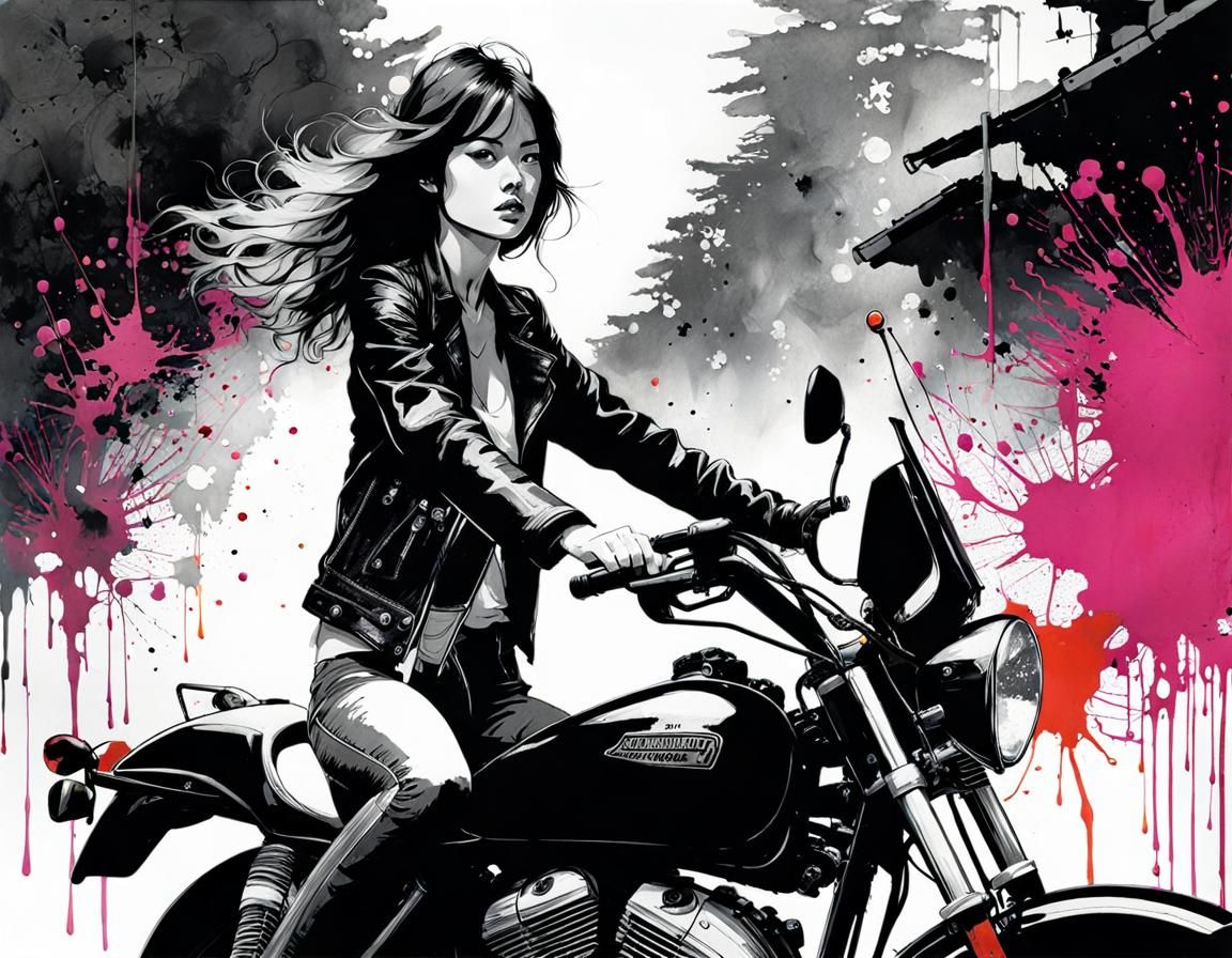 Ink Splatter Portrait of Girl on Motorcycle