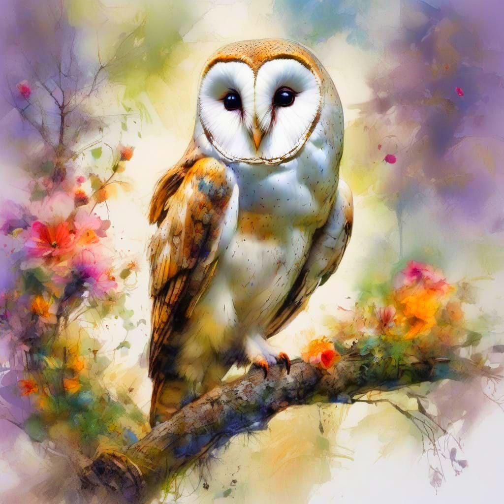 Fantasy Barn Owl in Vibrant Floral Surroundings