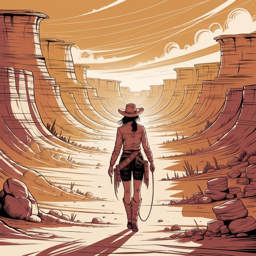 Cowgirl in Post-Apocalyptic Desert Canyon