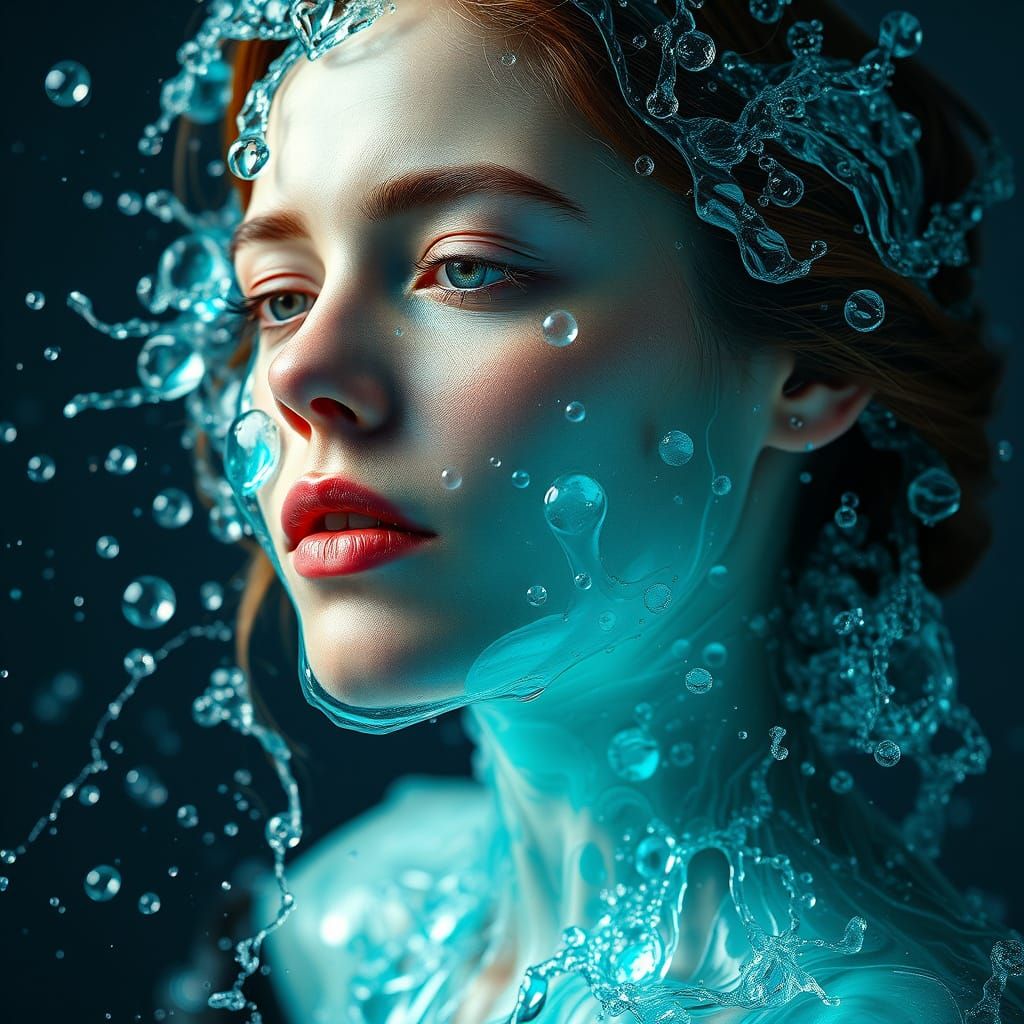 Shimmering Aquatic Goddess in Hyperrealistic Water Droplets