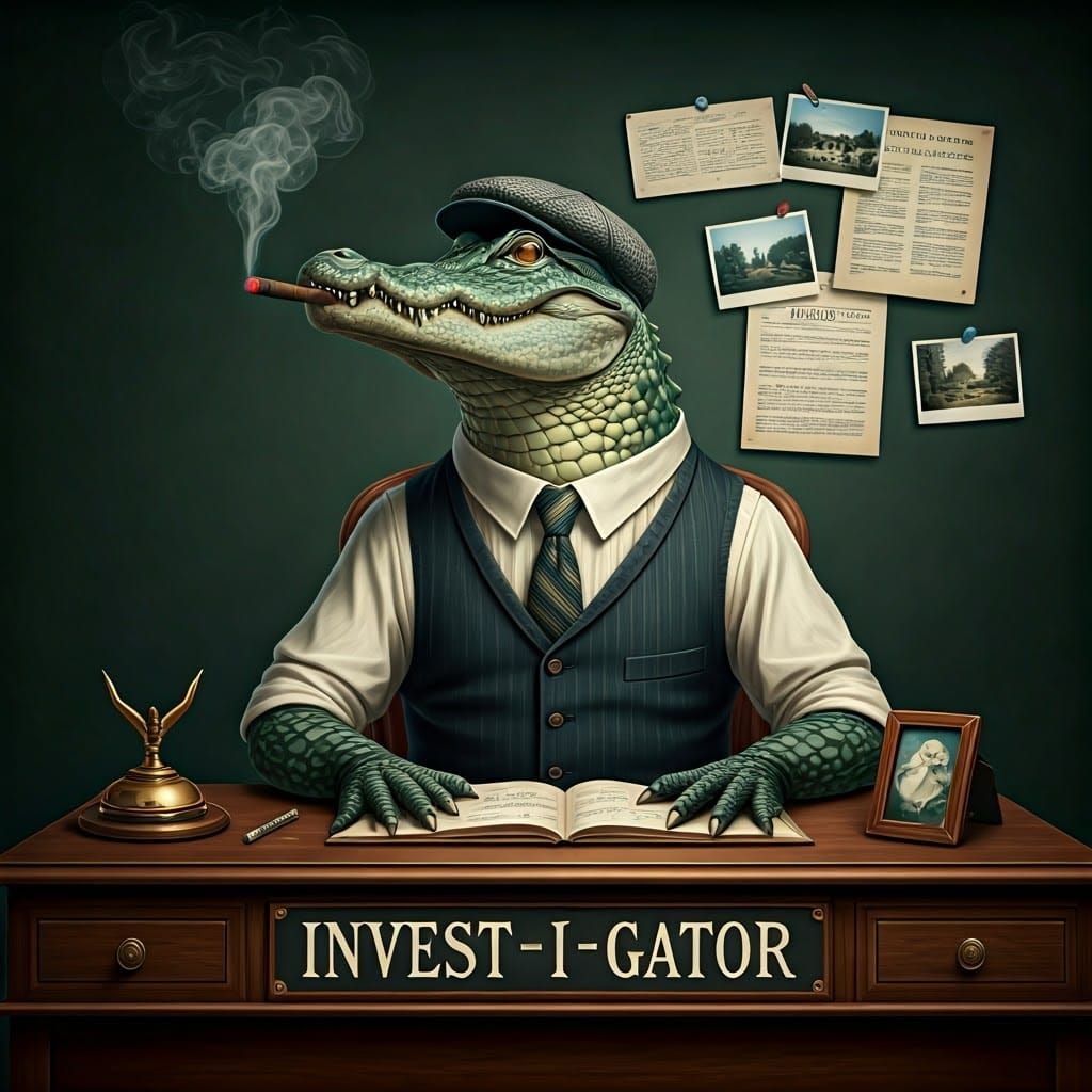Alligator Detective Smoking Cigar at His Desk