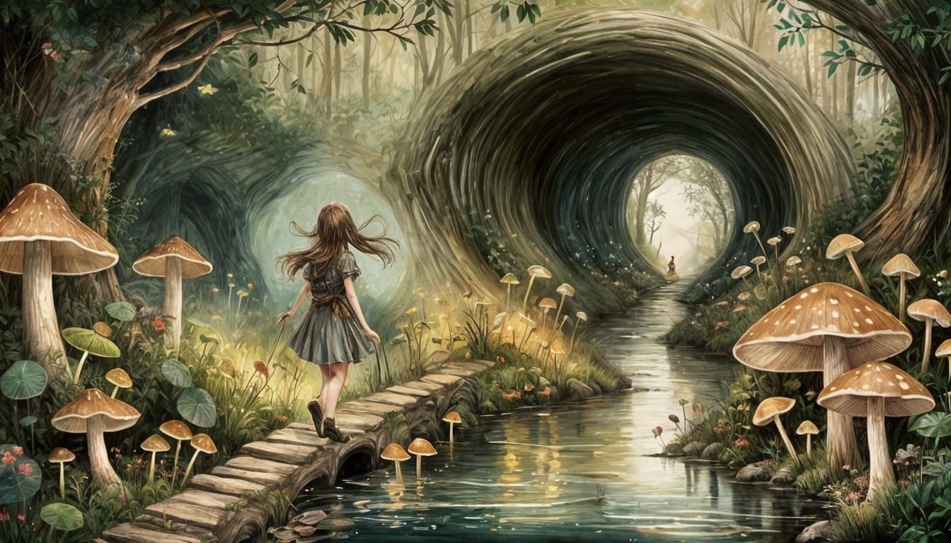 Girl and Fairy Enter a Hidden Glowing Tunnel
