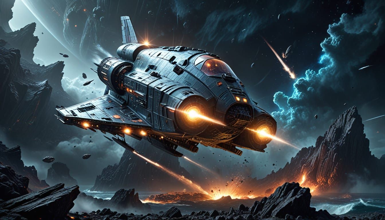 Spaceship Navigates Meteor Storm Near Nebula