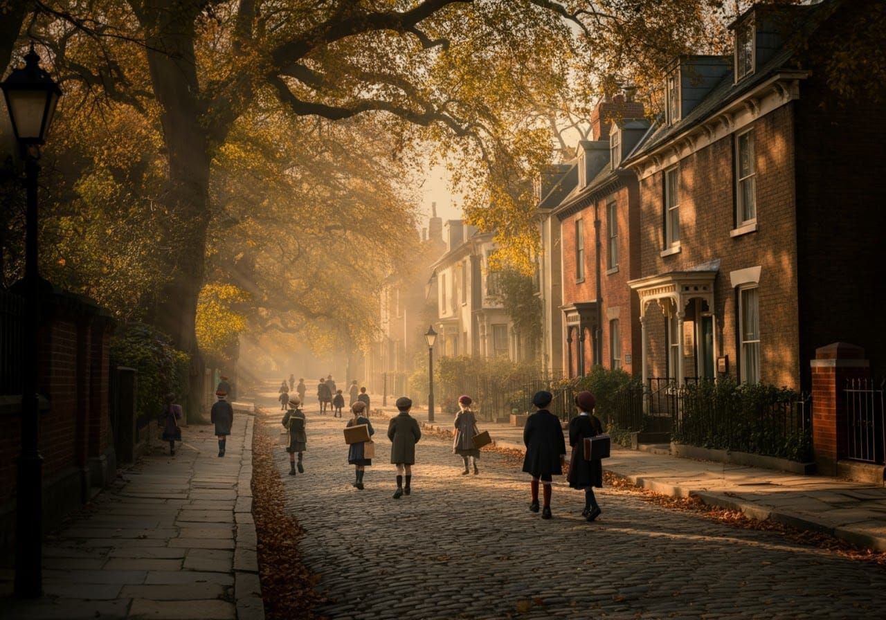 Victorian Children on Autumn Morning Walk