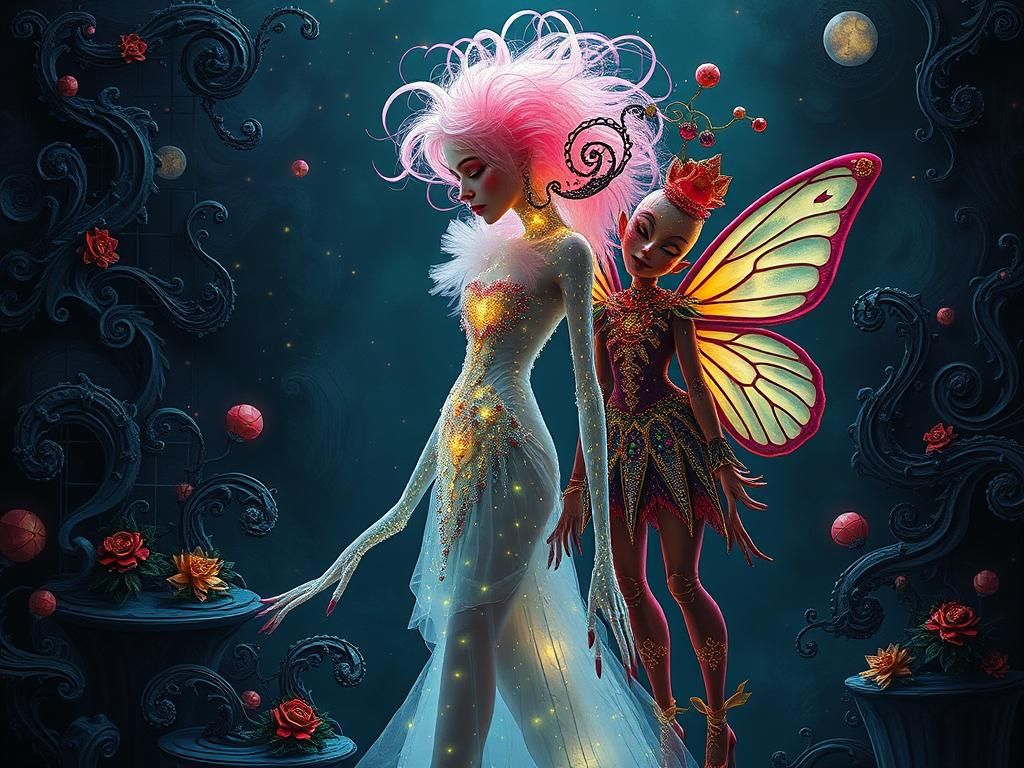 Ethereal Fiber-Optic Woman in Baroque Crystal Gown