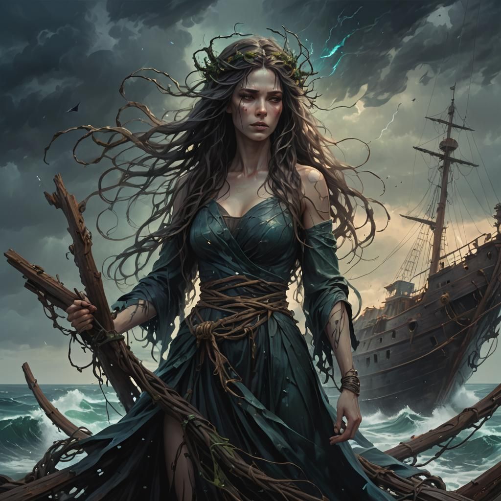 Menacing Sea Goddess Amidst Shipwreck in Dark Fantasy