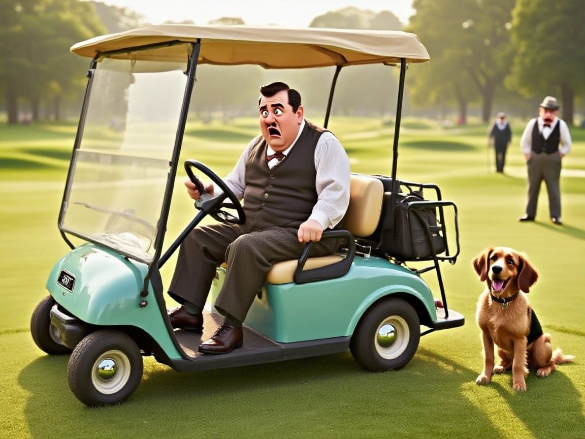 Stan Laurel, Oliver Hardy, and Dog on Golf Course