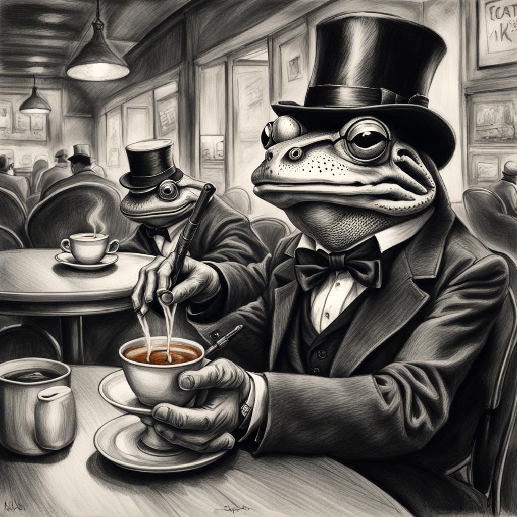 Frog with AK-47 in Cafe: Charcoal Drawing