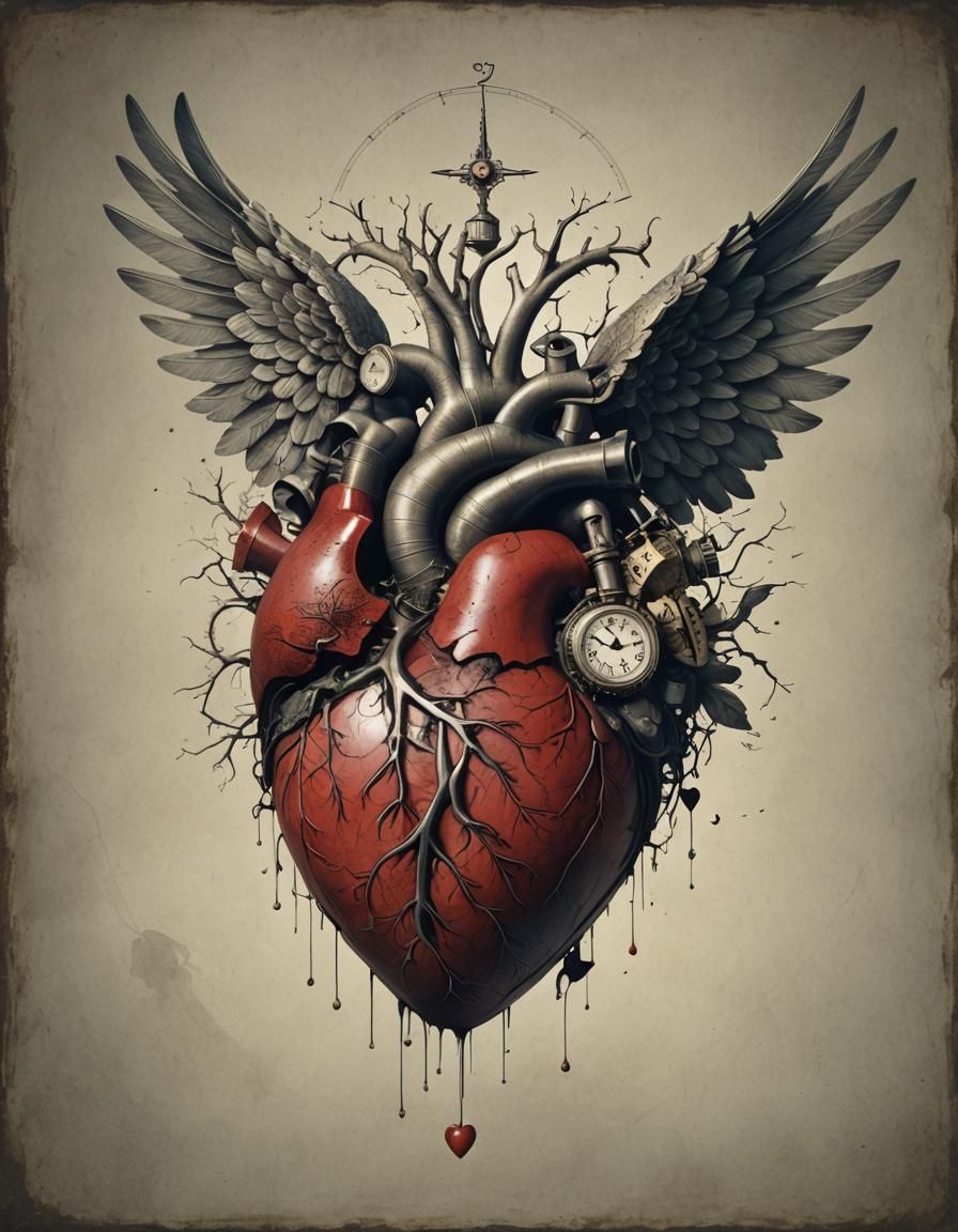 Surreal Heart of Time with Wings