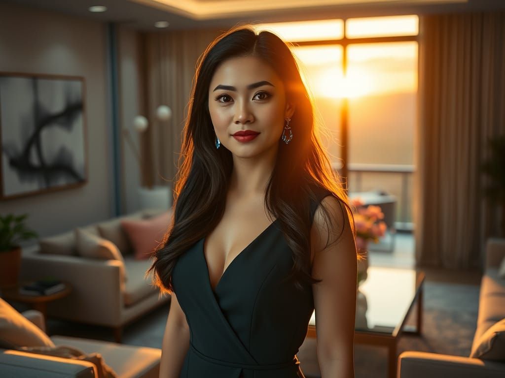 Elegant Woman in Modern Living Room at Sunset