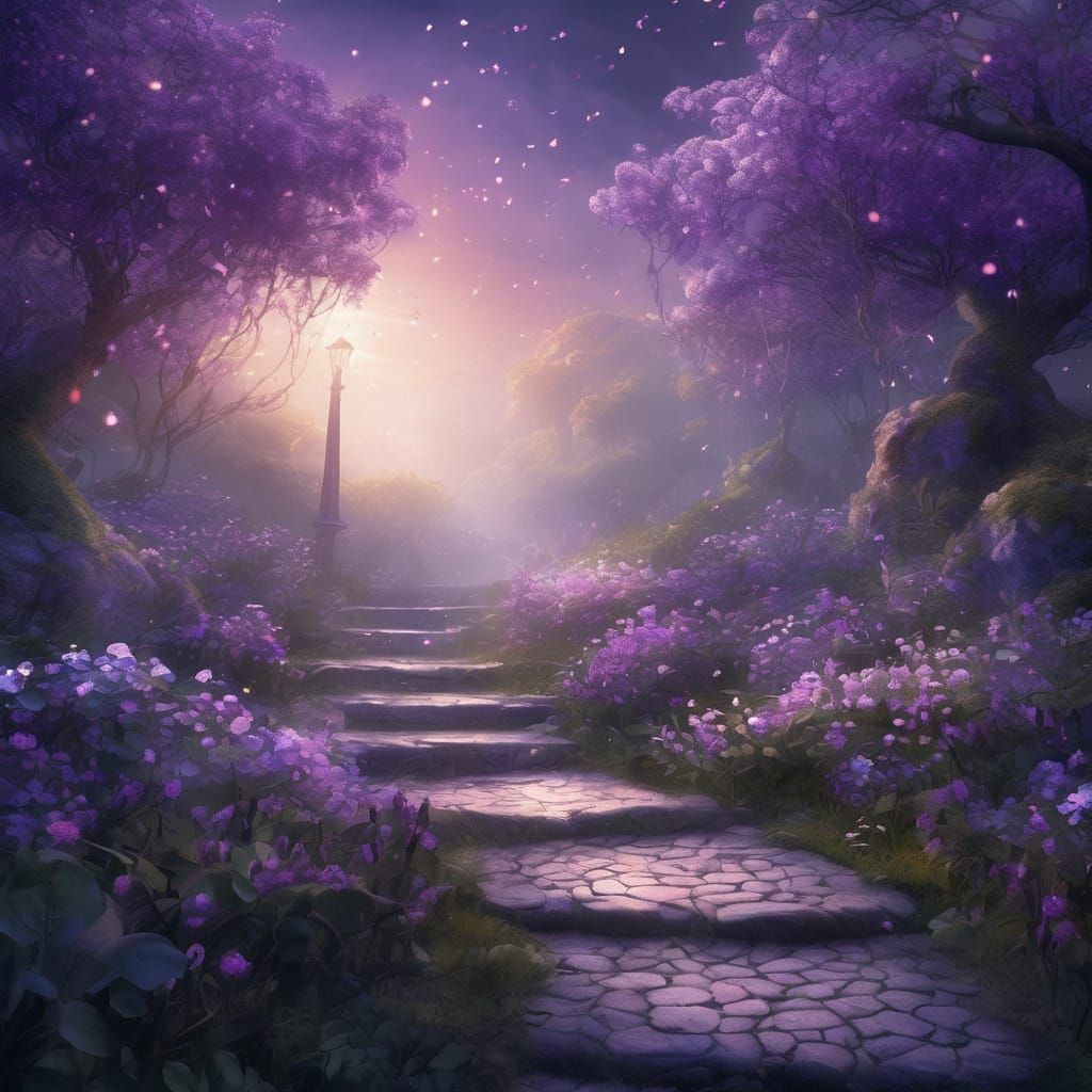 Enchanted Garden with Lilac Flowers and Fireflies in Mist