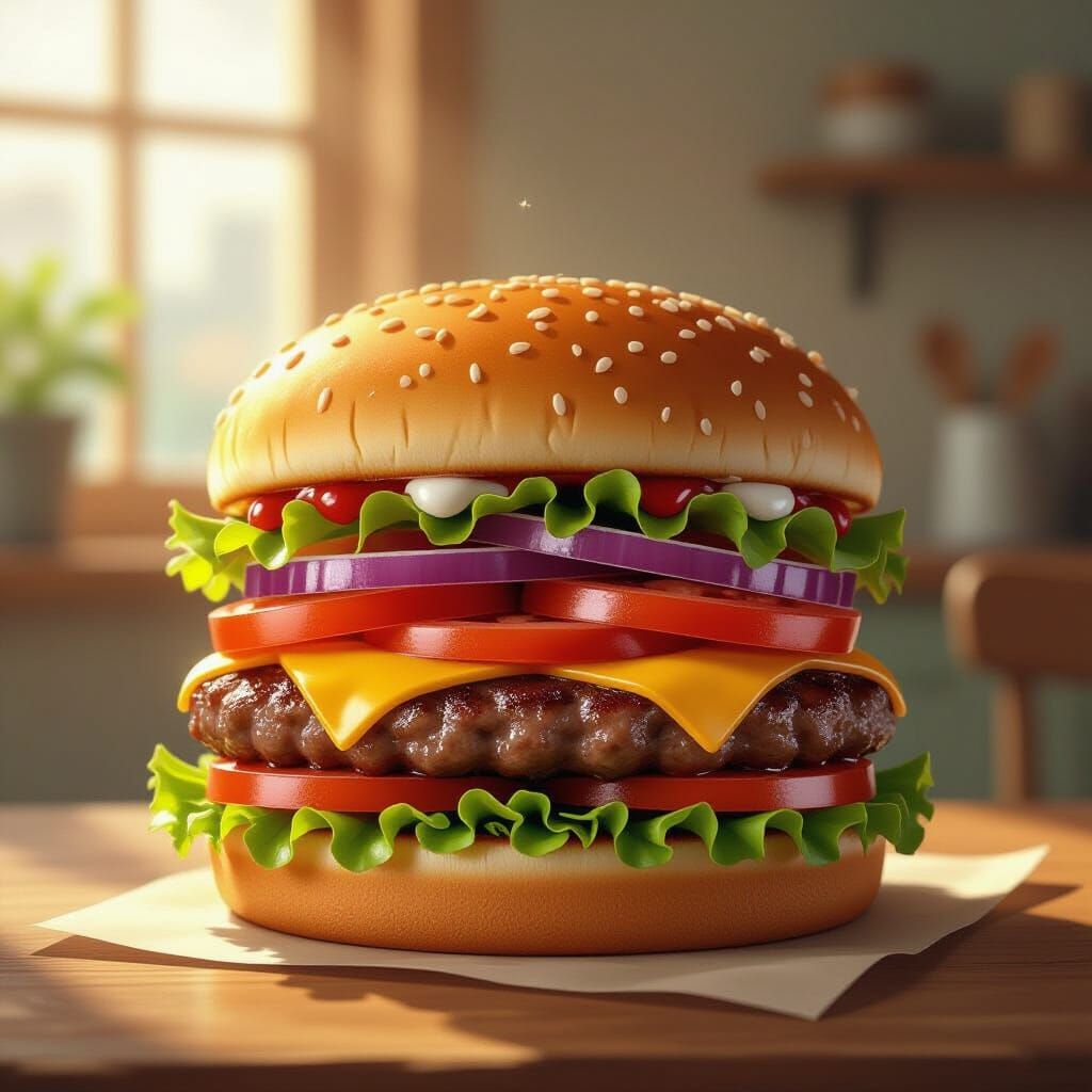 Giant Hamburger with Toppings in Digital Art Style