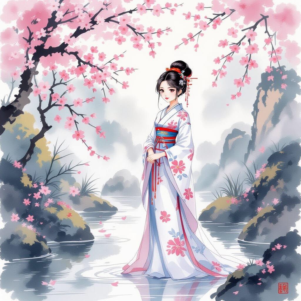 Anime Girl in Misty Garden as Ink Painting