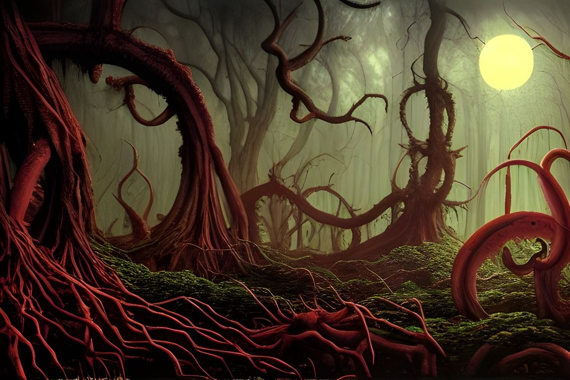 Twisted Forest Under Blood Moon in Dark Art Style