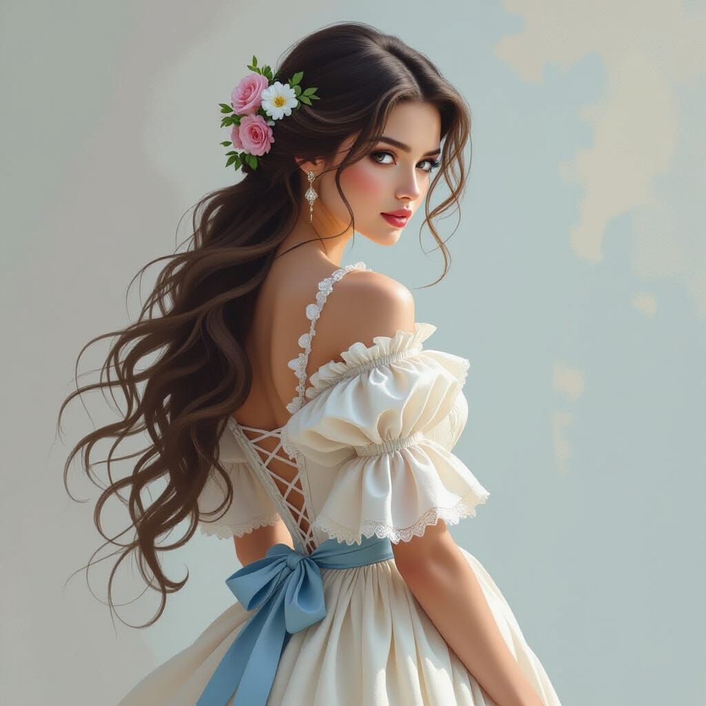 Romantic Woman with Flowers, Digital Painting