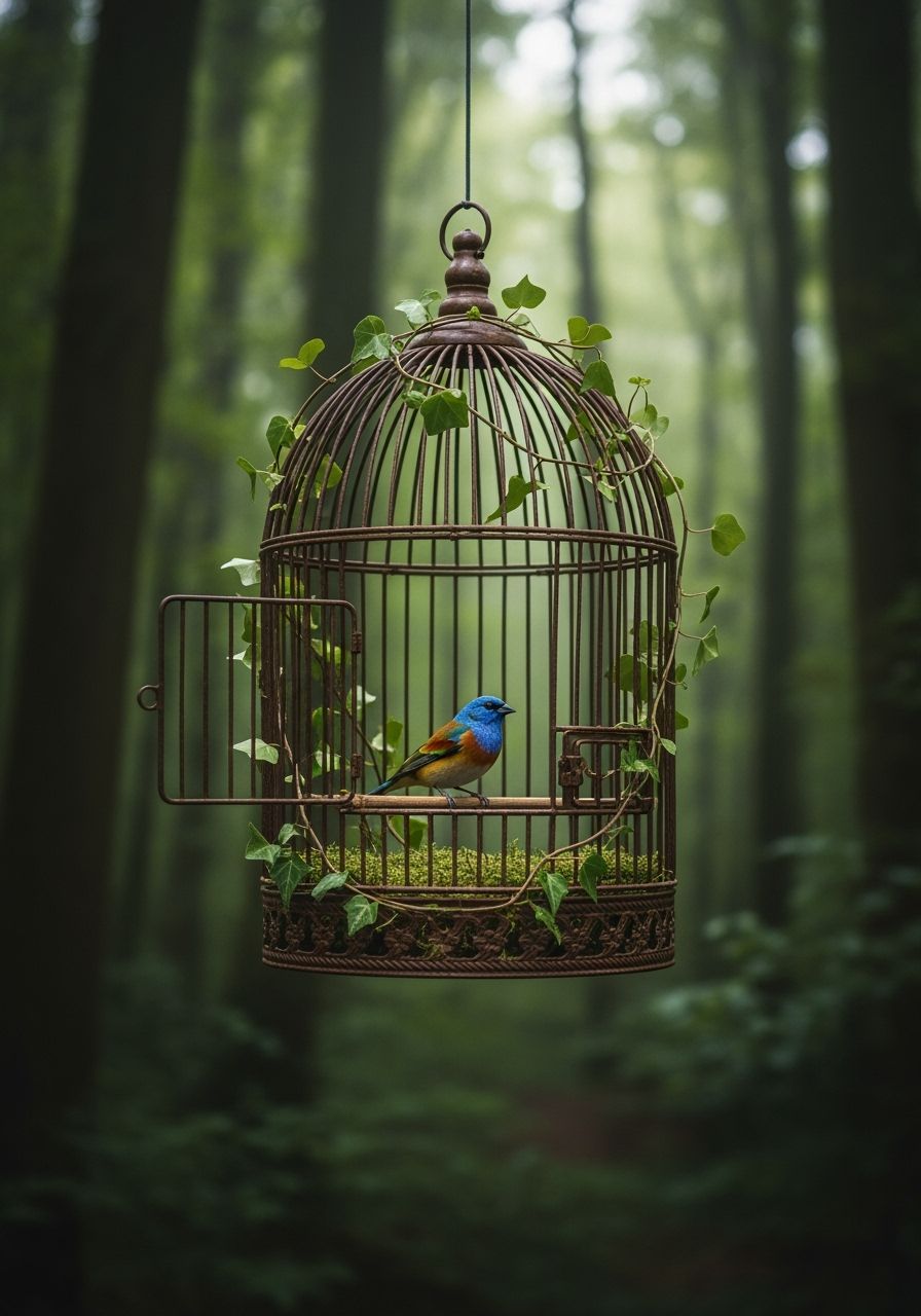 Open Birdcage in Lush Forest with Lazuli Bunting