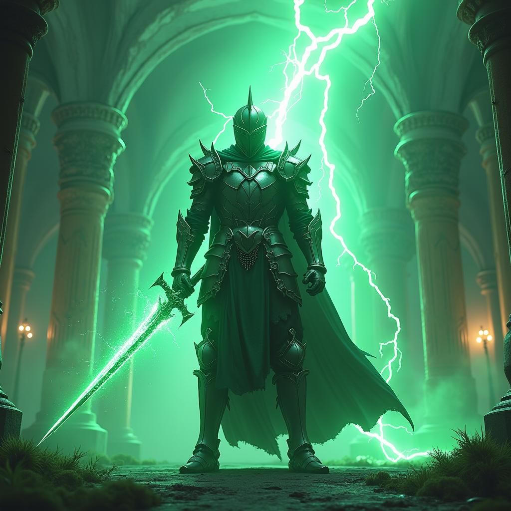 Majestic Knight Wields Green Lightning in Fantasy Realm