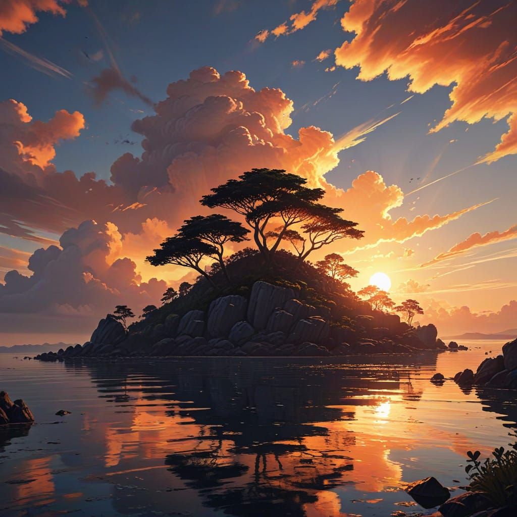 Vibrant Island Sunset in Anime-Inspired Art Style