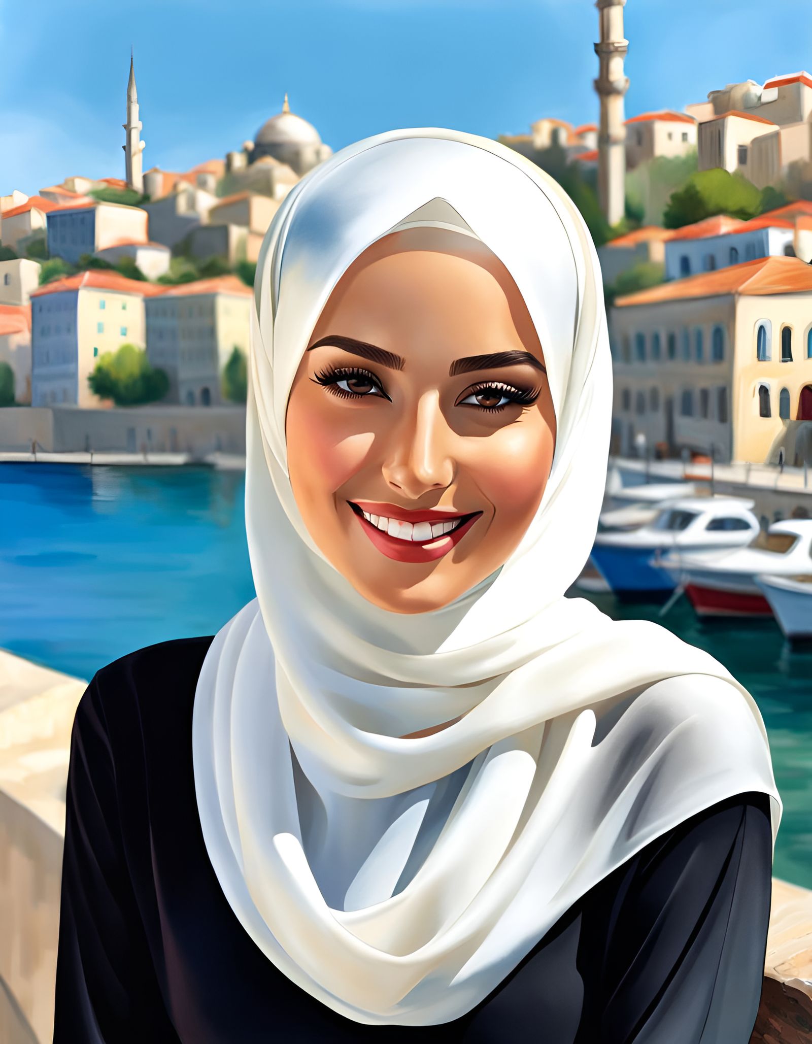 Elegant Smiling Turkish Woman in Hijab, Oil Painting