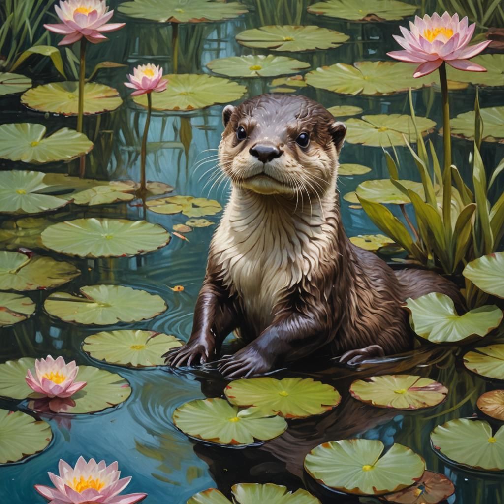 Baby Otter with Water Lily, Oil Painting