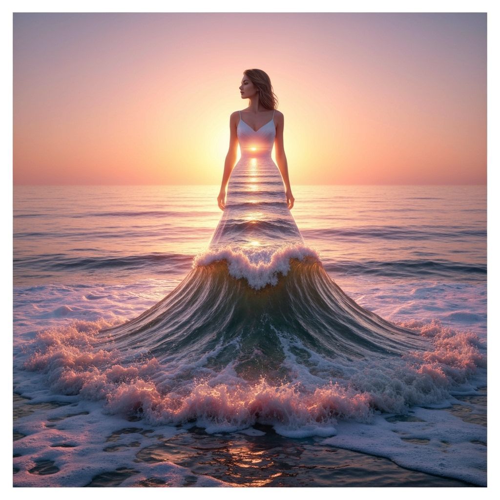 Surreal Ocean Sunset: Woman in Wave Dress