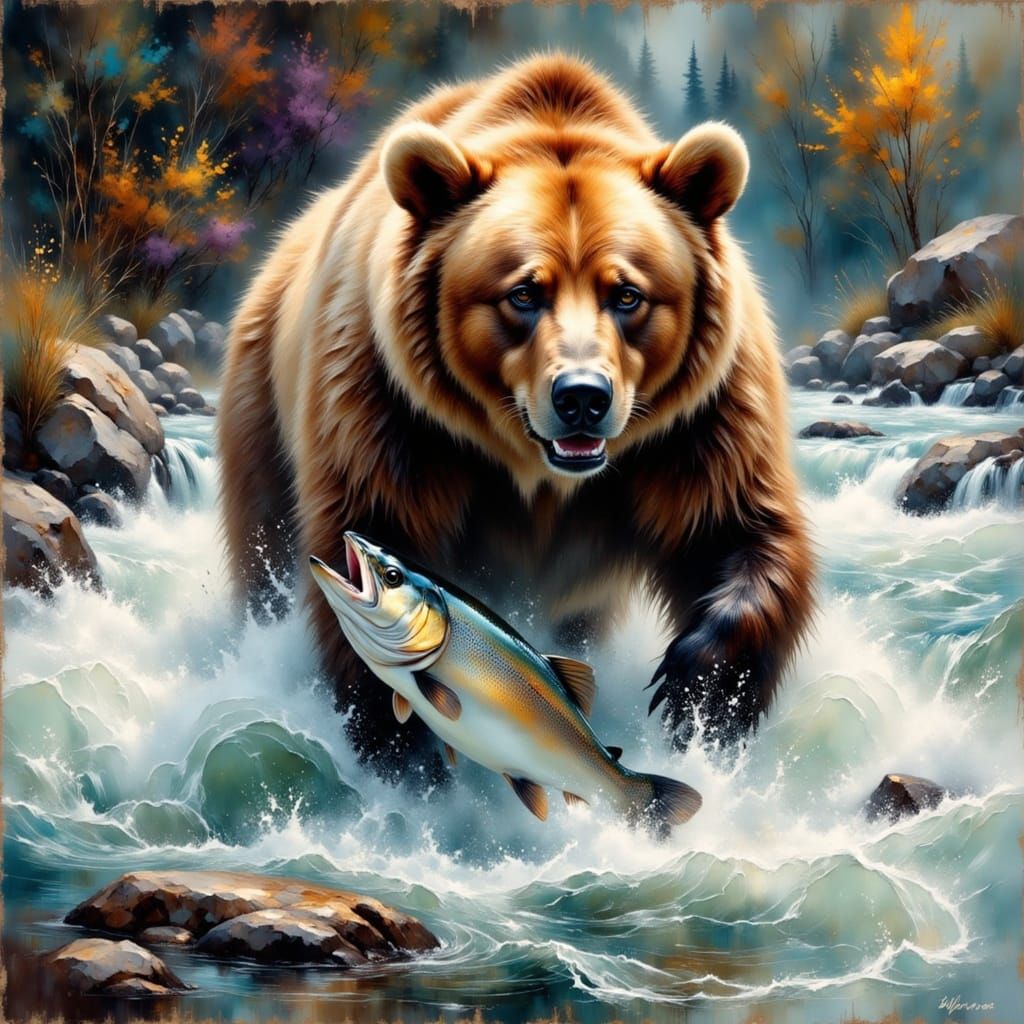 Brown Bear Salmon Catch in Impressionist Style